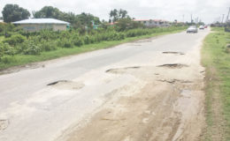 Large potholes taking up more than half of the road on Agriculture Road, Mon Repos, East Coast Demerara. 