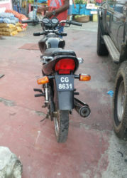 The CG motorcycle used by the three men to rob workers and customers at Bharrat’s Fresh Vegetables