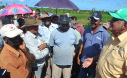 Minister of Agriculture, Noel Holder (right) in discourse with some of the farmers. (Ministry of Agriculture photo)