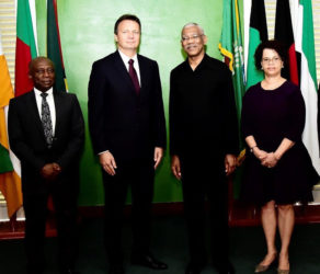 From left are Minister of Foreign Affairs, Carl Greenidge; Ambassador of the Swiss Confederation to Guyana,  Didier Chassot; President David Granger and Director General of the Ministry of Foreign Affairs,  Audrey Waddell. (Ministry of the Presidency photo)