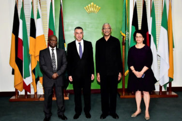 From left are Minister of Foreign Affairs, Carl Greenidge; Ambassador of the Arab Republic of Egypt to Guyana, Alaaeldin Wagih Roushdy; President David Granger and Director General of the Ministry of Foreign Affairs, Audrey Waddell. (Ministry of the Presidency photo)

