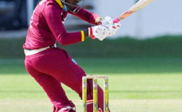 Opener Matthew Patrick pulls during his top score of 45 for West Indies Under-19s against Kent on Thursday. (Photo courtesy WICB Media) 