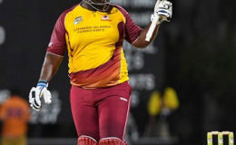 All-rounder Rahkeem Cornwall acknowledges the crowd after reaching his 50 against Windward Islands Volcanoes on Wednesday night. (Photo courtesy WICB Media)
