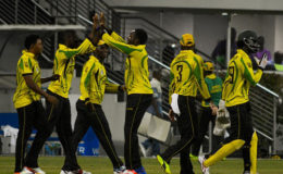 The Jamaica Scorpions team celebrates its win over the previously unbeaten Barbados Pride side on Thursday. (Photo courtesy of WICB media)