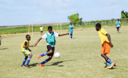Action in the game between St. Joseph’s (green) and North Ruimveldt (yellow) at the Ministry of Education ground in the fifth annual Milo U18 Secondary Schools Football Championships yesterday.