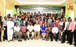President David Granger poses with the graduates of the Youth Leadership Programme, Presidential Advisor on Youth Empowerment, Aubrey Norton  and other facilitators and officials   (Ministry of the Presidency photo)