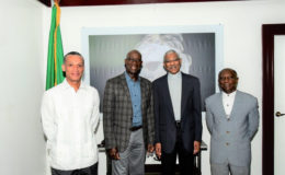 The Twenty-Eighth Inter-Sessional Meeting of the Conference of Heads of Government of Caricom takes place at the Marriott Hotel from today. An Opening Session will be held from 9:00 a.m. Trinidad and Tobago’s delegation arrived yesterday and held talks with the David Granger administration.
From left are Trinidad and Tobago’s Foreign Affairs Minister, Dennis Moses; Prime Minister Dr. Keith Rowley, President David Granger and Minister of Foreign Affairs, Carl Greenidge. (Ministry of the Presidency photo)