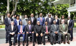 Caricom leaders at the Twenty-Eighth Inter-Sessional Meeting of the Conference of Heads of Government in Georgetown yesterday. This Ministry of the Presidency photo was taken on the lawns of State House. Seated from right are Caricom Secretary General, Irwin LaRocque; Barbadian Prime Minister, Freundel Stuart; Grenadian Prime Minister Dr Keith Mitchell; President David Granger; Dominican Prime Minister Roosevelt Skerrit; new Haitian President, Jovenel Moïse; Prime Minister of St Vincent and the Grenadines, Dr Ralph Gonsalves. Trinidad and Tobago’s Prime Minister, Dr Keith Rowley is standing fifth from right. Sixth from right is Antigua’s Prime Minister, Gaston Browne. Jamaica was represented by Foreign Minister Kamina Johnson Smith (standing third from right). Guyana’s Foreign Minister Carl Greenidge is standing at right.
