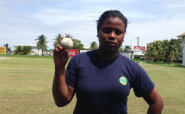 Demerara female inter county skipper Akeaze Thompson after taking career best bowling figures of 6 for 8 against Essequibo yesterday.
