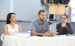 Lawyers attached to the Movement Against Parking Meters addressing persons at the group’s Town Hall meeting yesterday. From left: Attorney’s Pauline Chase, Ronald Burch-Smith and Nadia Sagar. (Photo by Keno George)
