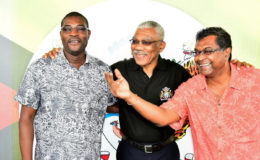 President David Granger (centre) in jocular mood with Minister of Public Infrastructure, David Patterson (left) and Minister of Public Security, Khemraj Ramjattan at D’Urban Park. (Ministry of the Presidency photo)