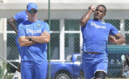 West Indies head coach, Stuart Law, watches on as fast bowler Shannon Gabriel goes through his paces in a recent practice session. (Photo courtesy WICB Media)