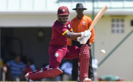 Jahmar Hamilton cuts during his top score of 73 against England in Monday’s tour game at Warner Park. (Photo courtesy WICB Media)