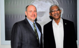 President David Granger (right) and the Carter Center’s Country Representative,  Jason Calder at State House  (Ministry of the Presidency photo)
