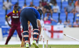 Joe Root is spectacularly bowled by pacer Shannon Gabriel (out of picture) during the opening ODI yesterday. (Photo courtesy WICB Media)

