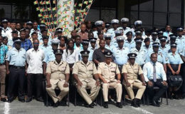 The participants of the various training courses shortly after the opening ceremony yesterday morning. Seated in front from left are Assistant Commissioner of Police and Force Finance Officer Nigel Hoppie, Assistant Commissioner of Police (Operations) Christopher Griffith, Acting Commissioner of Police David Ramnarine, Force Training Officer and Assistant Commissioner of Police Paul Williams and Crime Chief Wendell Blanhum.