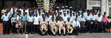 The participants of the various training courses shortly after the opening ceremony yesterday morning. Seated in front from left are Assistant Commissioner of Police and Force Finance Officer Nigel Hoppie, Assistant Commissioner of Police (Operations) Christopher Griffith, Acting Commissioner of Police David Ramnarine, Force Training Officer and Assistant Commissioner of Police Paul Williams and Crime Chief Wendell Blanhum.