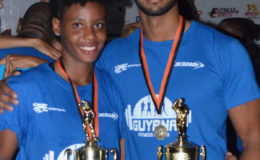 Dillon Mahadeo and Semonica Duke are now officially the “The Fittest duo in Guyana” after winning the 2017 Kares Engineering Fitness Challenge at the National Park yesterday. (Orlando Charles photo)
