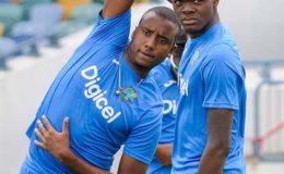 YOUNG GUNS: Two of the West Indies rookie fast bowlers, Miguel Cummins (left) and Alzarri Joseph during training ahead of today’s third ODI. (Photo courtesy WICB Media) 