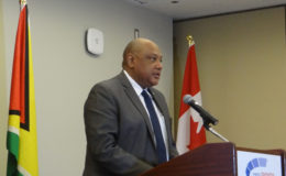 Minister Trotman sharing remarks with the gathering at the Guyana Mining Day Seminar during the Prospectors and Developers Association of Canada( PDAC) Convention 2017-Toronto, Canada, March 5, 2017).
