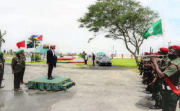 President David Granger receiving the Presidential salute upon his arrival at Base Camp Ayanganna (Ministry of the Presidency photo)