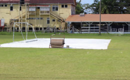 Covers were on at the Police Sports Club Ground, Eve Leary, yesterday in preparation for the GCB/Dave West Indian Imports Under - 15 Inter - County Tournament.