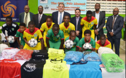 CONCACAF President Victor Montagliani (standing third from left) posing with members of the national U15 team and GFF/Frank Watson launch party.
From left, Pele Alumni member John Yates, GFF President Wayne Forde, Aruba Football Association President Richard Dijkhoff, Director of Sports Christopher Jones and St. Martin Football Association Boss Fabrice Baly. (Orlando Charles photo)