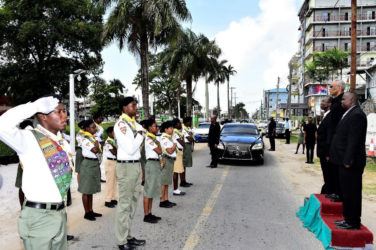 President David Granger receiving the ‘Guard of Honour’ salute mounted by the Pathfinders upon his arrival at the Central Seventh-day Adventist Church at Church and Oronoque Streets  (Ministry of the Presidency photo)
