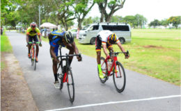 Andre ‘Padlock’ Green betters Paul DeNobrega by a half a wheel to take the spoils of the Star Party Rental criterium programme yesterday at the National Park. Trailing a close third is Jamal John.