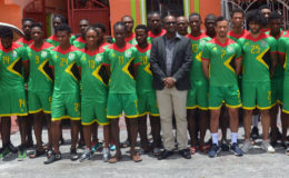 Members of the Golden Jaguars unit posing alongside GFF President Wayne Forde ahead departure for the MSC ground in Linden for final preparations for their clash with Martinique

