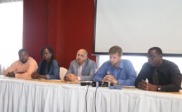 FIBA’S Victor Mansure addressing the media yesterday From left to right Edison Jefford (NSC), Shania Griffith (Secretary of BABA), Michael Singh (GABA Vice- President), Victor Mansure (FIBA Rep) and Junior Hercules (GABA executive coordinator)
