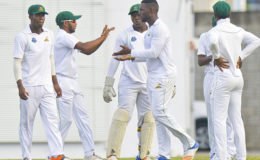 Guyana Jaguars celebrate another Barbados Pride wicket as they battled to a draw on the final day of their eight round clash at Kensington Oval on Monday. (Photo courtesy WICB Media)
