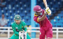 Chadwick Walton misses a googly from leg-spinner Shadab Khan and is bowled for 21 during Thursday’s second Twenty20 International. (Photo courtesy WICB Media) 