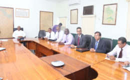 Minister of Finance Winston Jordan (at far left) meets with members of the Guyana Association of Bankers. (Photo by Keno George)