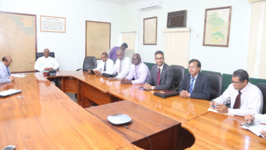 Minister of Finance Winston Jordan (at far left) meets with members of the Guyana Association of Bankers. (Photo by Keno George)