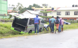 This speeding Route 40 Kitty/ Campbellville minibus sped off the South road and landed on the parapet on Tuesday between Camp and Wellington streets.