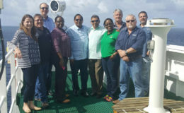 Prime Minister Moses Nagamootoo (fifth from left) yesterday boarded the oil rig, Stena Carron, which is doing exploratory drilling operations on the Snoek Well, a new reservoir within the Stabroek Block 130 miles off the Atlantic sea-coast of Guyana.
A release from his office said that the Prime Minister was accompanied by Vice-President Sydney Allicock, Minister within the Ministry of Natural Resources, Simona Broomes, and Joanna Homer, Legal Officer.