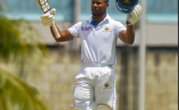 Shai Hope celebrates his double century against Guyana Jaguars at Kensington Oval yesterday. (Photo courtesy WICB Media) 