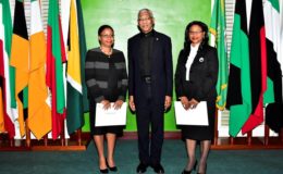 President David Granger with acting Chancellor Yonette Cummings-Edwards (right) and acting Chief Justice Roxane George-Wiltshire