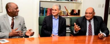 Dr Mangal (centre) flanked by Minister Harmon (left) and Minister Trotman (Ministry of the Presidency photo)