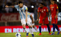 Argentina’s Lionel Messi about to take his penalty winning shot. (Reuters photo)
