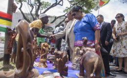 Prime Minister Moses Nagamootoo, accompanied by his wife Sita, greeting an exhibitor. (Office of the Prime Minister photo)