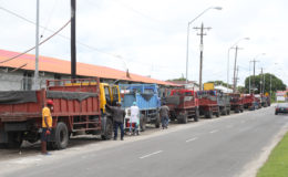 A line of sand trucks parked in the vicinity of DSL Cash and Carry, Industrial Site, East Bank Demerara Public Road yesterday. 