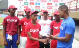 West Indies Left-hander Kieran Powell as he hands over a few complimentary tickets to some of the young cricketers from DCC and GCC while also delivering a little pep-talk to encourage the junior locals.