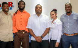  Members of the new executive of the Georgetown Amateur Basketball Association (GABA). From left to right, second vice-president Kester Gomes, assistant secretary/treasurer Sariah Clarke, president Adrian Hooper, treasurer Natasha Naraine and PRO Rawle Toney. Missing from the photo are first Vice-president Jonathan DeGroot and Secretary Nadine Luthers-Williams.