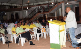 Minister of Natural Resources Raphael Trotman speaking to the gathering on Wednesday evening in Lethem.
