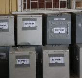Several ballot boxes stacked in the main hall of the GPSU headquarters during the process of counting and verification of ballots yesterday. 