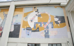 ‘Itiribisi and Maridowa’ 1970, one of the murals at the airport by Aubrey Williams. Concrete posts and beams that were placed in 2007 obscured parts of the mural.