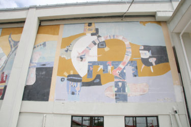 ‘Itiribisi and Maridowa’ 1970, one of the murals at the airport by Aubrey Williams. Concrete posts and beams that were placed in 2007 obscured parts of the mural.