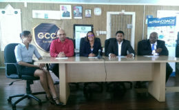 From left is winner of the 2016 Vision Achiever LivePitch Business Plan competition, Ria Bryan, representative of ActionCOACH Vishnu Doerga, Marketing Manager of Scotiabank Jennifer Cipriani, President of the GCCI Deodat Indar and Executive Director of GCCI Kirk Hollingsworth at the launch of the 2017 competition. 